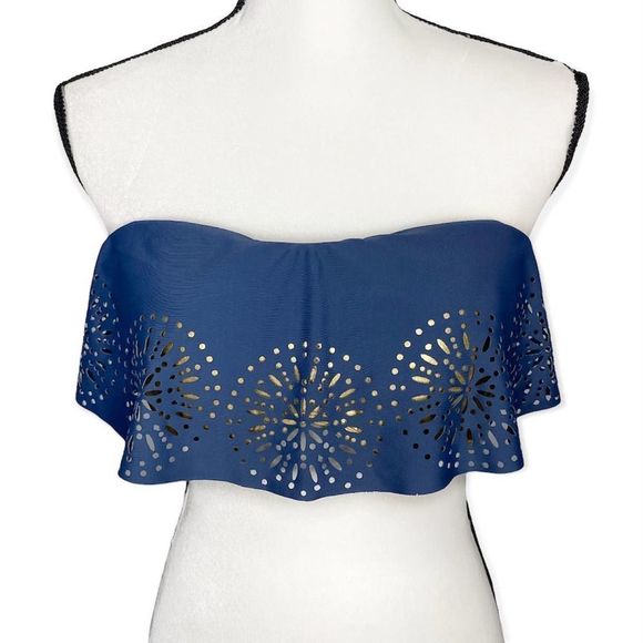 Ninety Six Degrees Strapless Flounce Eyelet Bikini Top Gold Metallic Large Blue - Picture 1 of 12